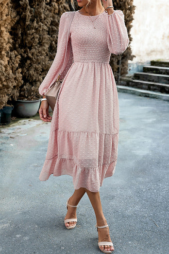 Różowa sukienka midi casual z długim rękawem A-Line