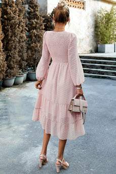Różowa sukienka midi casual z długim rękawem A-Line