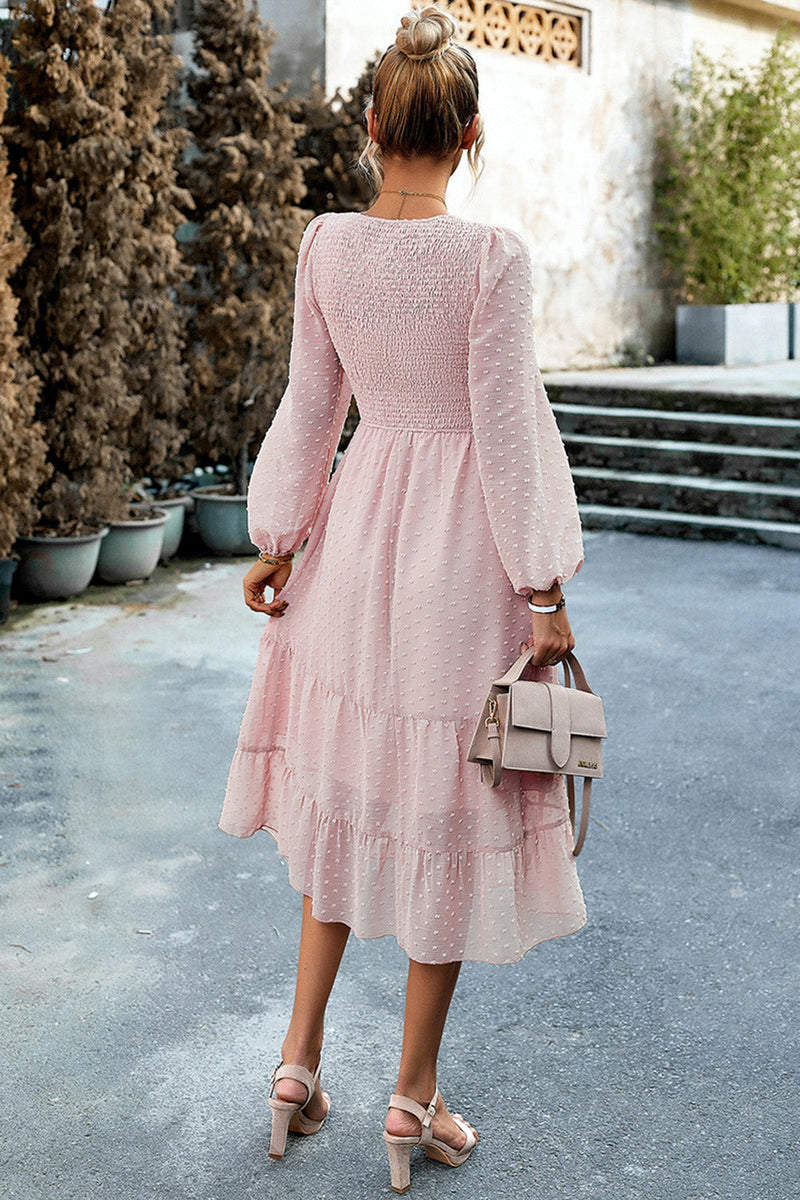 Załaduj obraz do przeglądarki galerii, Różowa sukienka midi casual z długim rękawem A-Line