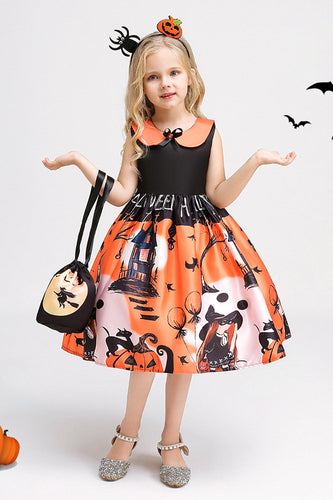 Pomarańczowa sukienka bez rękawów z nadrukiem Halloween Girl z kokardą