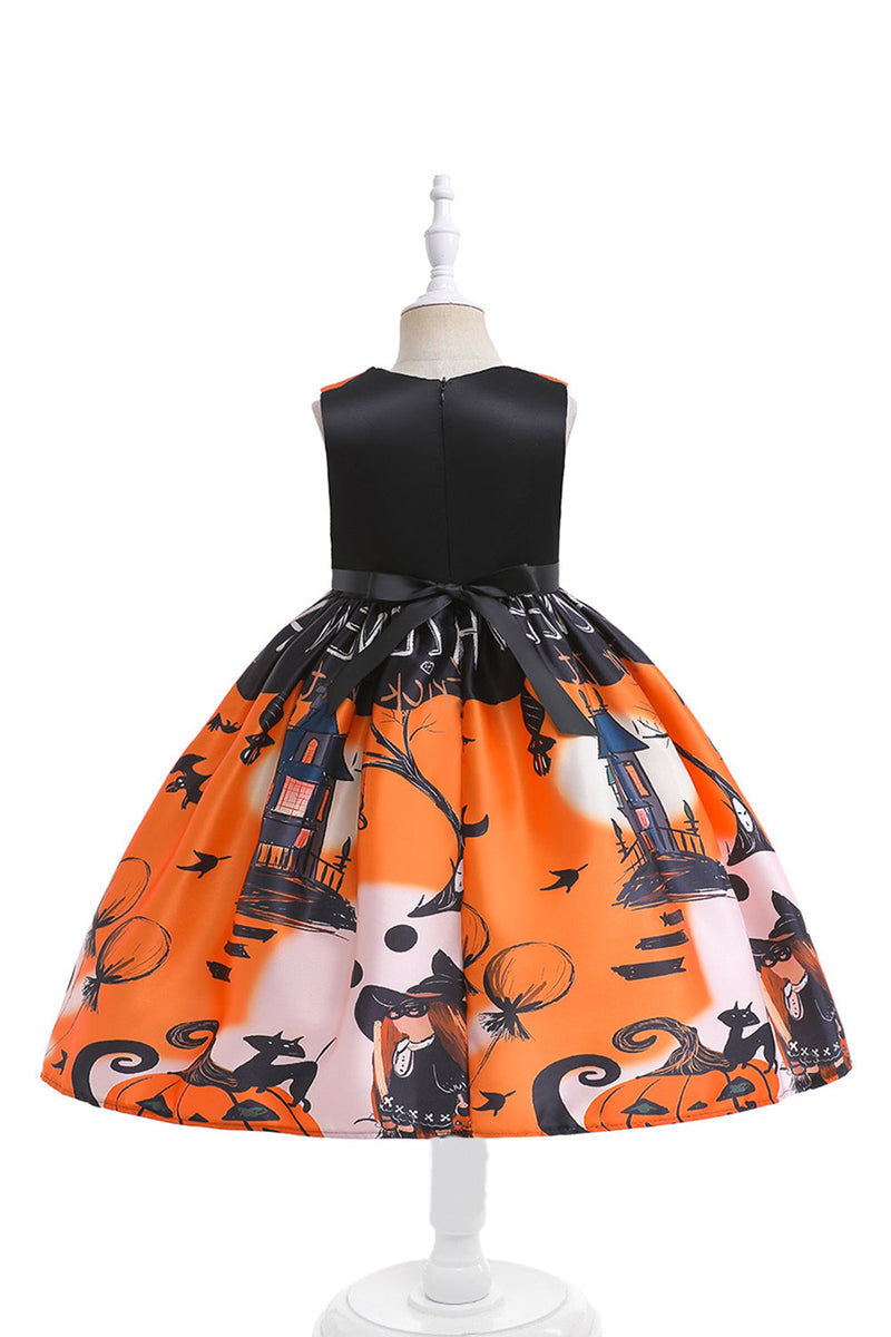 Załaduj obraz do przeglądarki galerii, Pomarańczowa sukienka bez rękawów z nadrukiem Halloween Girl z kokardą
