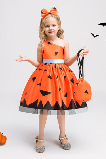 Orange One Shoulder bez rękawów Halloween Girl Dress