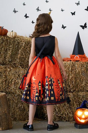 Pomarańczowa drukowana linia bez rękawów Halloween Girl Dress With Bow