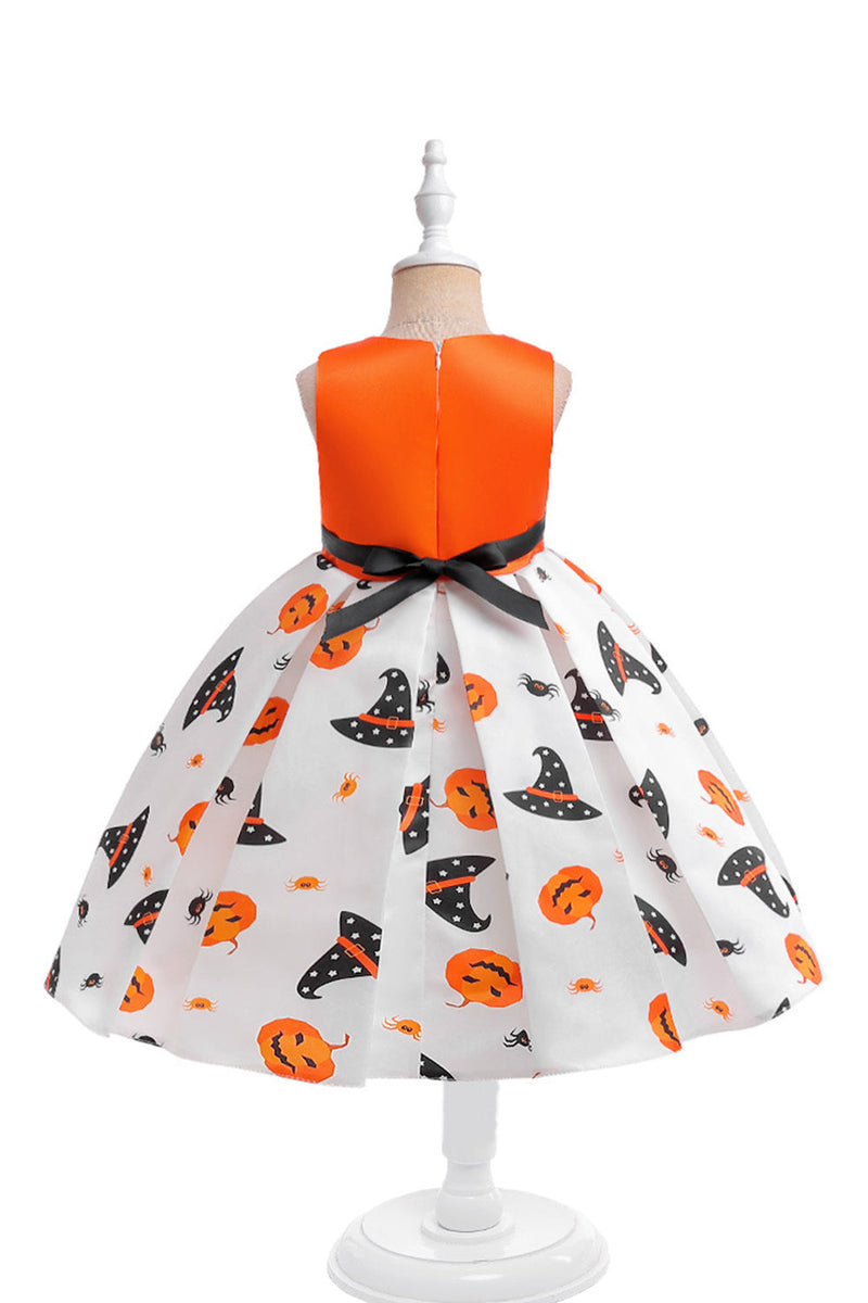 Załaduj obraz do przeglądarki galerii, Pomarańczowa okrągła sukienka z okrągłym dekoltem z kokardą