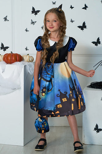 Niebieskie bufiaste rękawy z nadrukiem Halloween Girl Dress