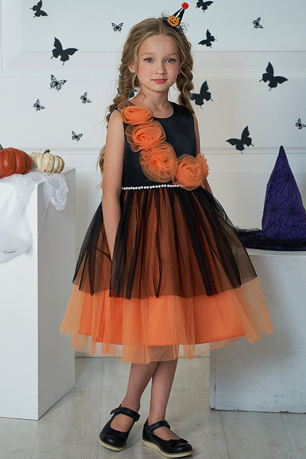 Pomarańczowy okrągły dekolt Kwiat Tiul Halloween Girl Sukienka