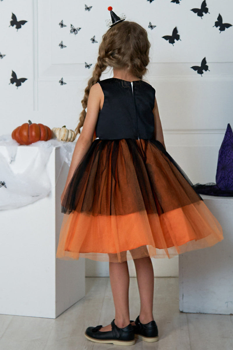 Załaduj obraz do przeglądarki galerii, Pomarańczowy okrągły dekolt Kwiat Tiul Halloween Girl Sukienka