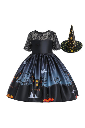Czarne krótkie rękawy Koronkowa sukienka z nadrukiem Halloween z kokardą