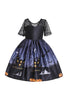 Załaduj obraz do przeglądarki galerii, Czarne krótkie rękawy Koronkowa sukienka z nadrukiem Halloween z kokardą
