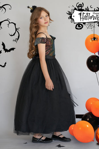 Czarny Cold Shoulder Sequin Tiul Długa sukienka na Halloween Girl