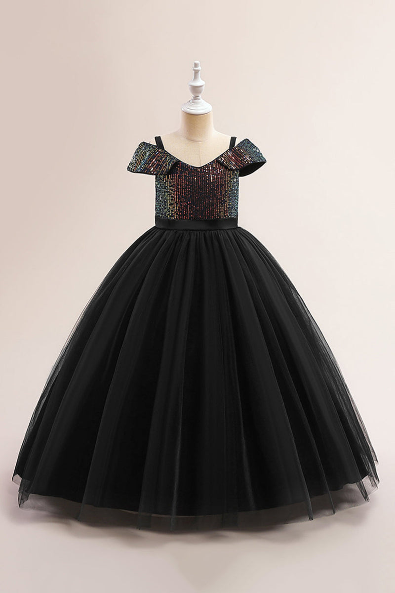 Załaduj obraz do przeglądarki galerii, Czarny Cold Shoulder Sequin Tiul Długa sukienka na Halloween Girl