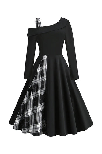 Styl retro Czarna sukienka w kratę z 1950 roku na jedno ramię