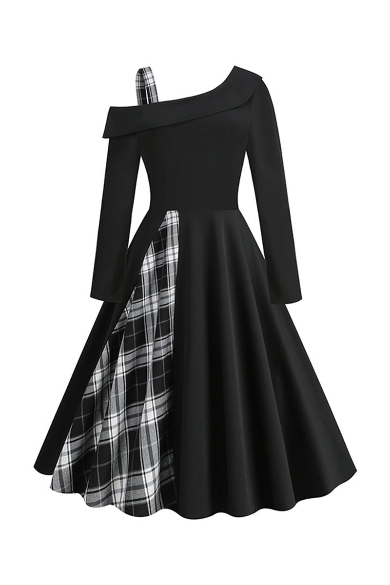 Załaduj obraz do przeglądarki galerii, Styl retro Czarna sukienka w kratę z 1950 roku na jedno ramię