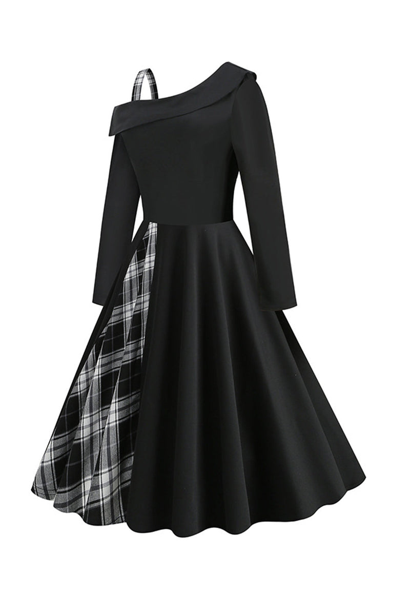 Załaduj obraz do przeglądarki galerii, Styl retro Czarna sukienka w kratę z 1950 roku na jedno ramię