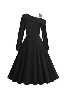 Styl retro Czarna sukienka w kratę z 1950 roku na jedno ramię
