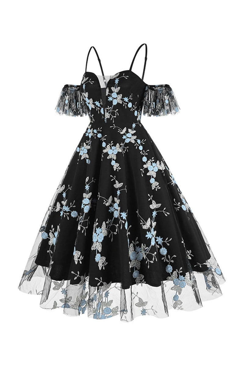 Załaduj obraz do przeglądarki galerii, Niebieska sukienka z odkrytymi ramionami z lat 1950. z haftem