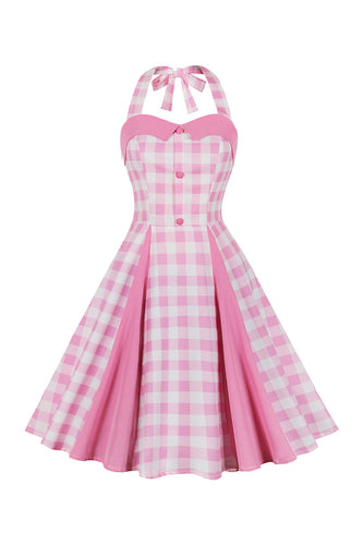 Linia Halter Neck Różowa sukienka w kratę Różowa sukienka z lat 1950.