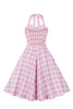 Załaduj obraz do przeglądarki galerii, Linia Halter Neck Różowa sukienka w kratę Różowa sukienka z lat 1950.