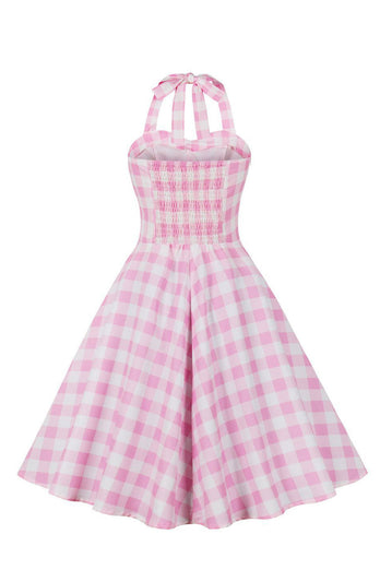 Linia Halter Neck Różowa sukienka w kratę Różowa sukienka z lat 1950.