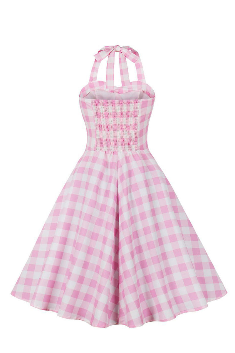 Załaduj obraz do przeglądarki galerii, Linia Halter Neck Różowa sukienka w kratę Różowa sukienka z lat 1950.