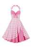 Załaduj obraz do przeglądarki galerii, Style retro Linia Halter Neck Różowa sukienka w kratę 1950