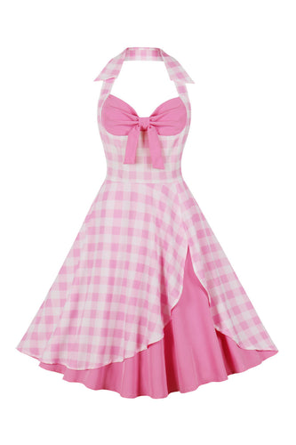 Style retro Linia Halter Neck Różowa sukienka w kratę 1950