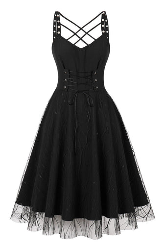 Vintage Sznurowane Ramiączka Krzyżowe Czarna Sukienka Lata 50