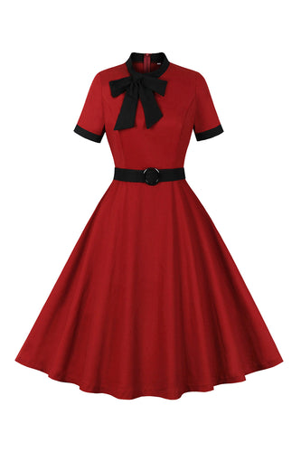 Czerwona sukienka A Line 1950s Swing z paskiem