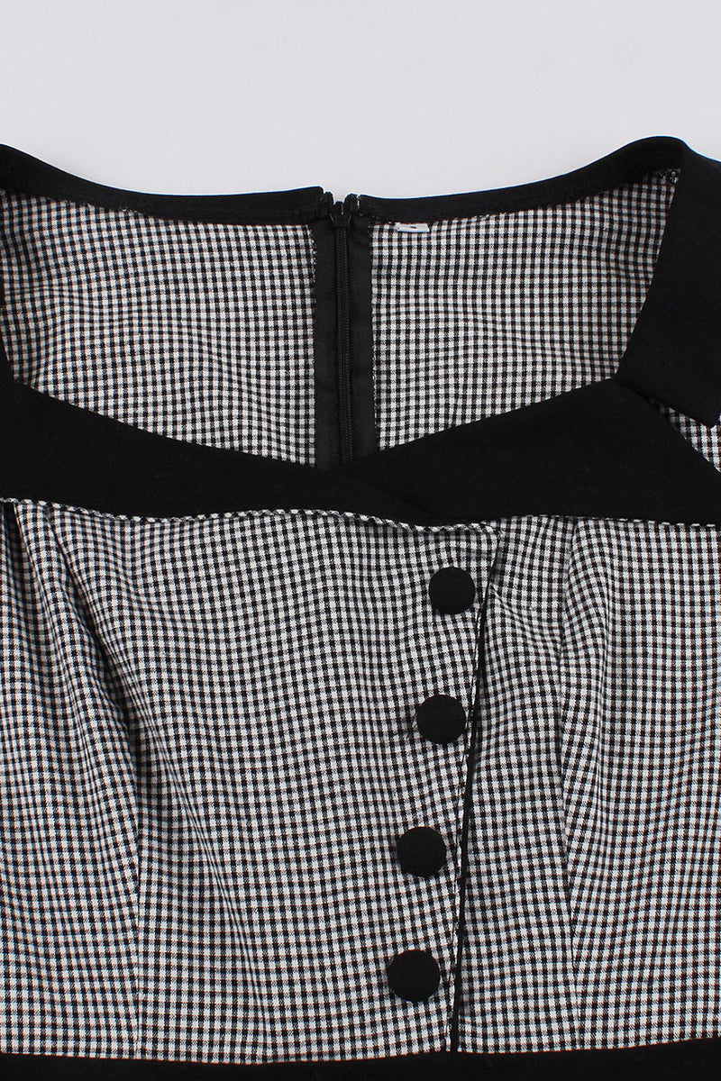Załaduj obraz do przeglądarki galerii, Krata Czarna Swing 1950 Sukienka Z Guzikami