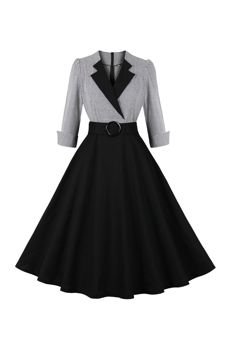Załaduj obraz do przeglądarki galerii, Sukienka w kratę z długimi rękawami 1950 z paskiem