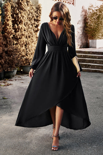 Długie rękawy Czarna sukienka świąteczna z plisowaniem