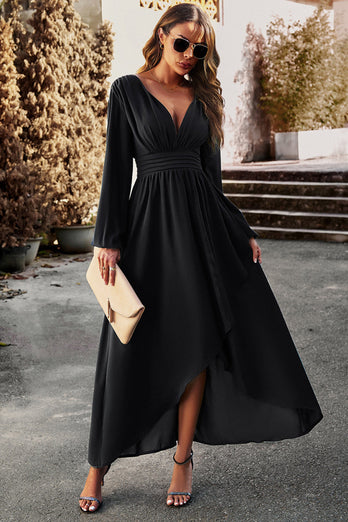 Długie rękawy Czarna sukienka świąteczna z plisowaniem