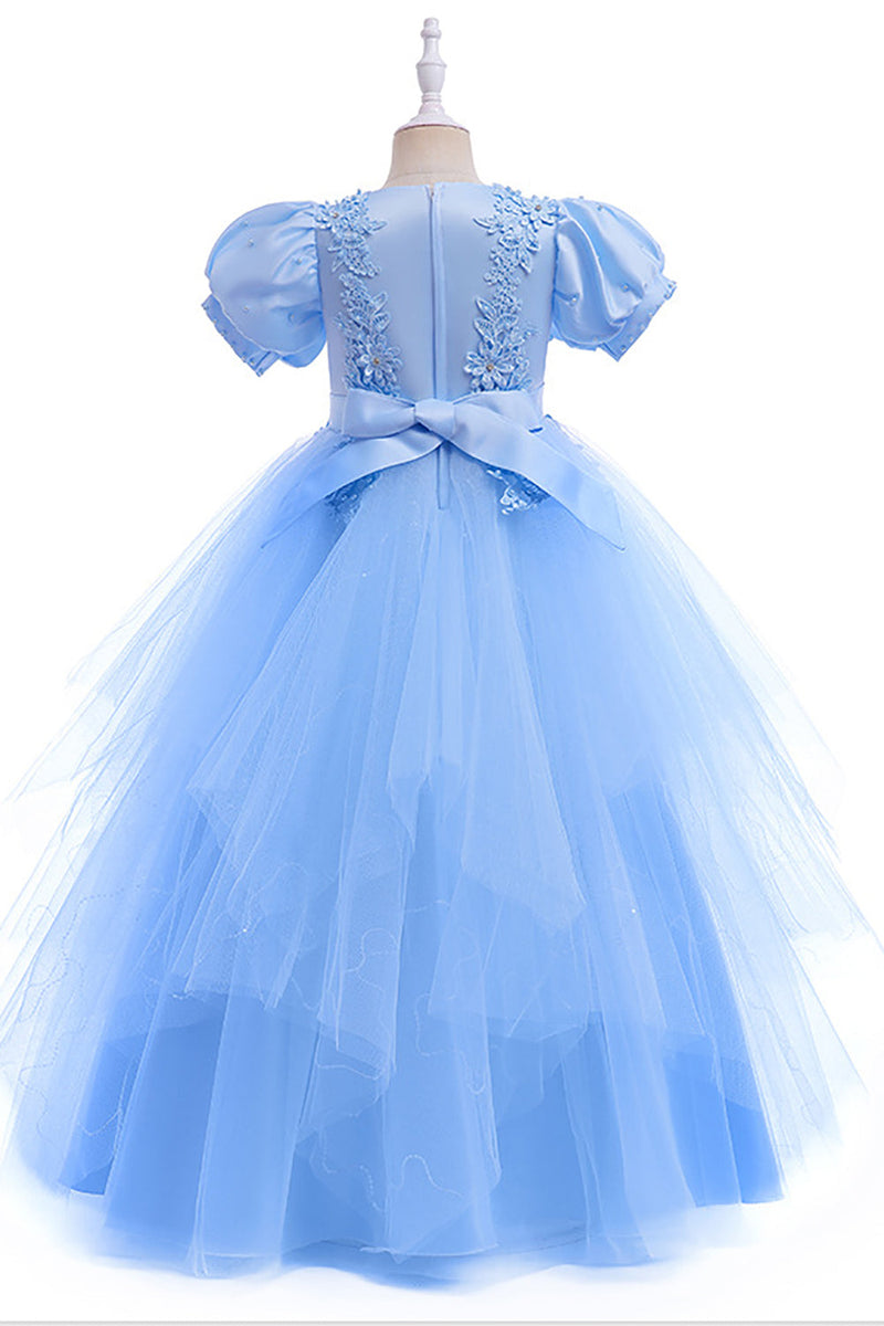 Załaduj obraz do przeglądarki galerii, Tiulowe bufiaste rękawy Jasnoniebieska sukienka Flower Girl z aplikacjami