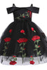 Załaduj obraz do przeglądarki galerii, Zimne Ramię Czarna Sukienki Dla Dziewczynek z Haftem
