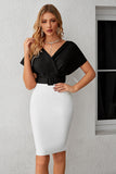 Czarno-biała sukienka koktajlowa Bodycon V-Neck z paskiem