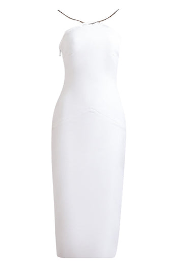 Biała sukienka koktajlowa bez pleców Halter z rozcięciem