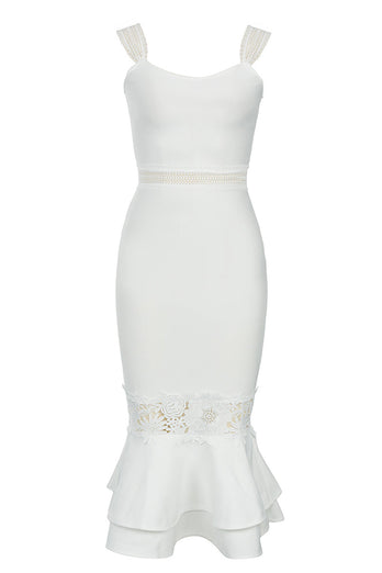 Białe ramiączka Bodycon Sukienka koktajlowa z marszczeniami