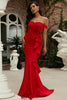 Załaduj obraz do przeglądarki galerii, Syrena Czerwień Z Ramion Długa Sukienka Na Studniówkę Z Marszczeniami