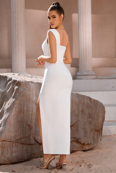 Biała sukienka koktajlowa Midi Bodycon na ramię z rozcięciem