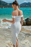 White Off the Shoulder Bodycon Sukienka koktajlowa z rozcięciem