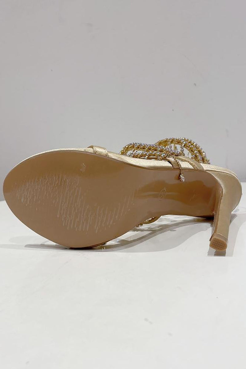 Załaduj obraz do przeglądarki galerii, Złote błyszczące sandały na obcasie z frędzlami