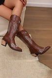 Czarny haft Mid Calf Chunky Heel Western Boots