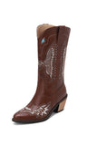 Czarny haft Mid Calf Chunky Heel Western Boots