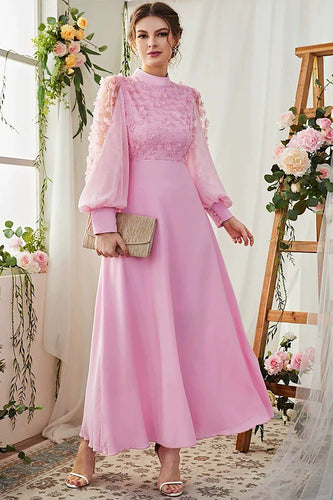 A-Line Długie rękawy Candy Różowa sukienka formalna z kwiatami 3D