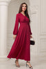 Załaduj obraz do przeglądarki galerii, A-Line V-Neck Bordowa sukienka formalna z długim rękawem