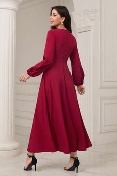 A-Line V-Neck Bordowa sukienka formalna z długim rękawem