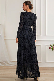 A-Line Długi rękaw Koronkowa czarna sukienka wizytowa z szarfą