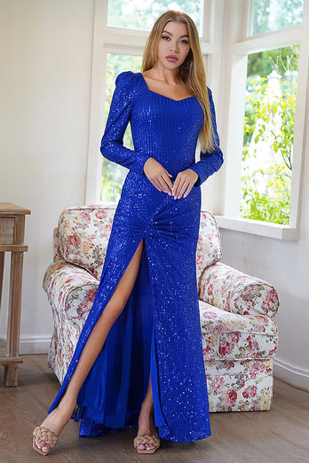 Błyszczące długie rękawy Cekiny Royal Blue Suknia wieczorowa z rozcięciem