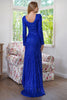 Załaduj obraz do przeglądarki galerii, Błyszczące długie rękawy Cekiny Royal Blue Suknia wieczorowa z rozcięciem