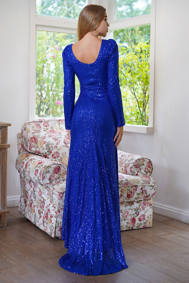 Załaduj obraz do przeglądarki galerii, Błyszczące długie rękawy Cekiny Royal Blue Suknia wieczorowa z rozcięciem